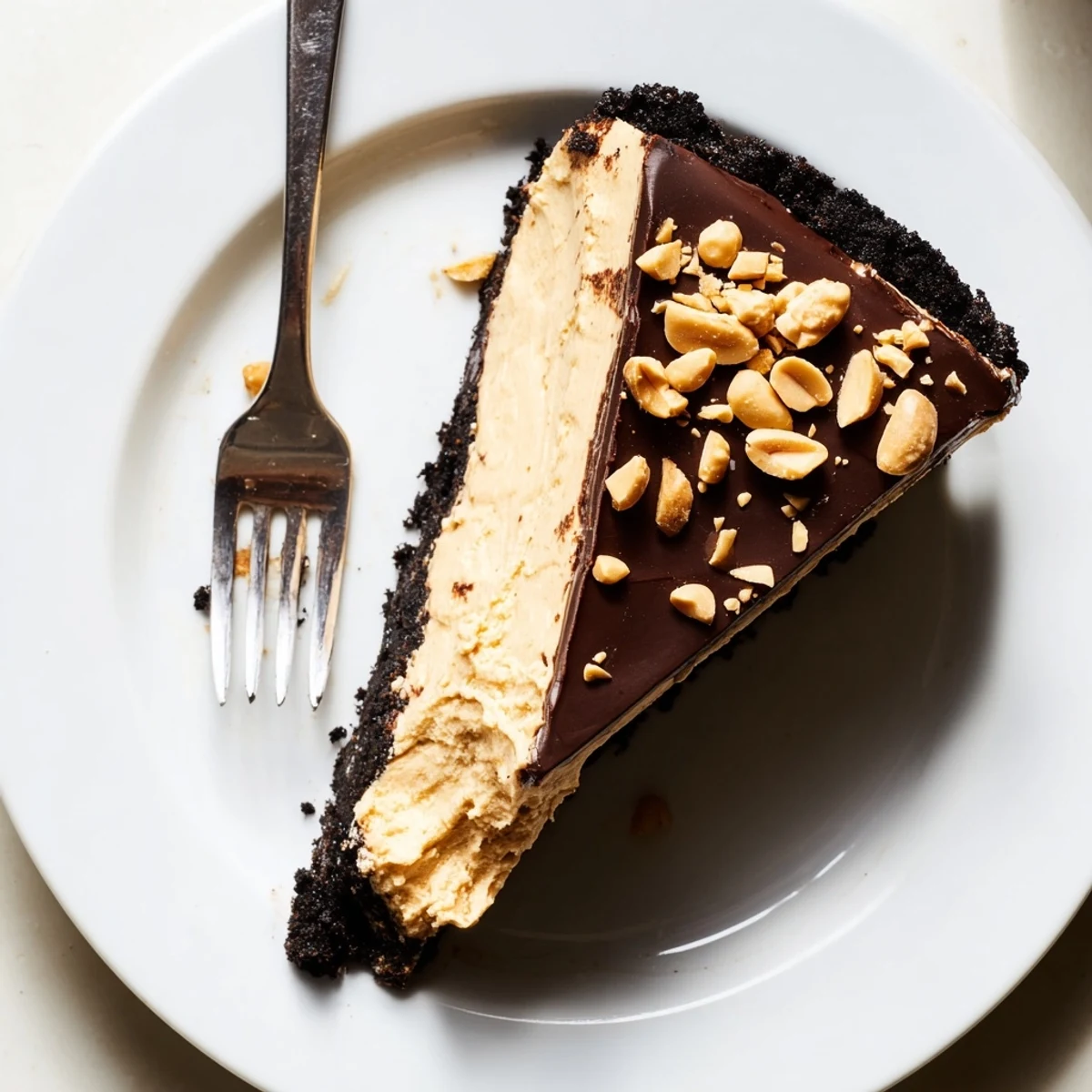 Thick slice of no bake peanut butter pie showing layers of rich creamy filling