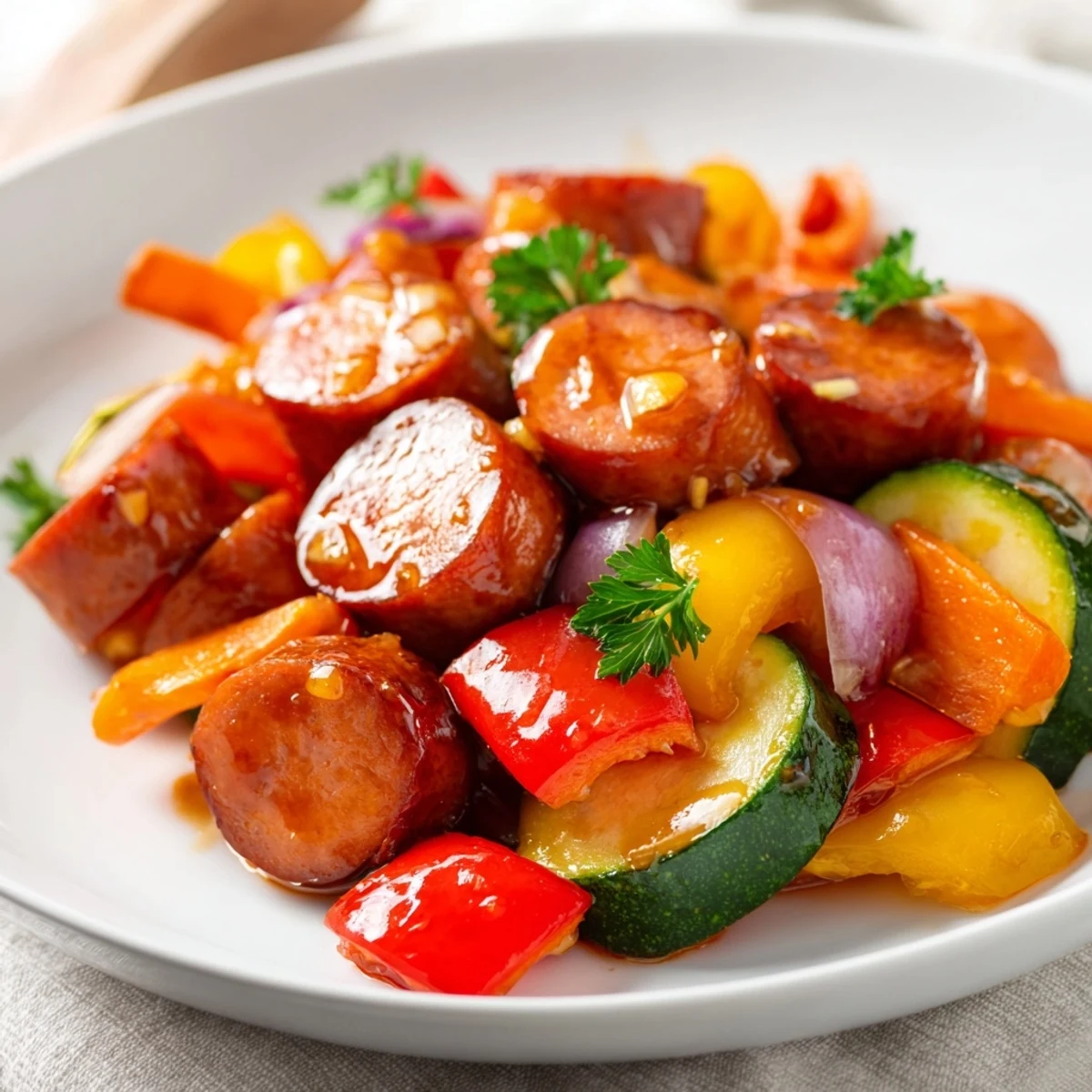 Glistening honey garlic kielbasa with colorful veggies in a cast iron skillet