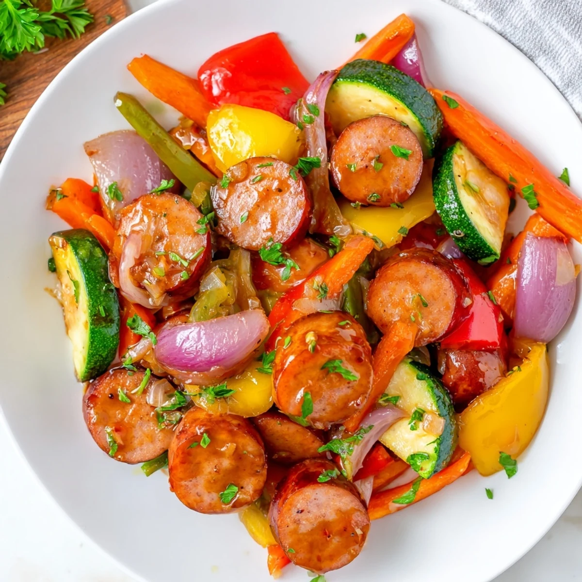 Smoky honey garlic kielbasa tossed with bell peppers and snap peas