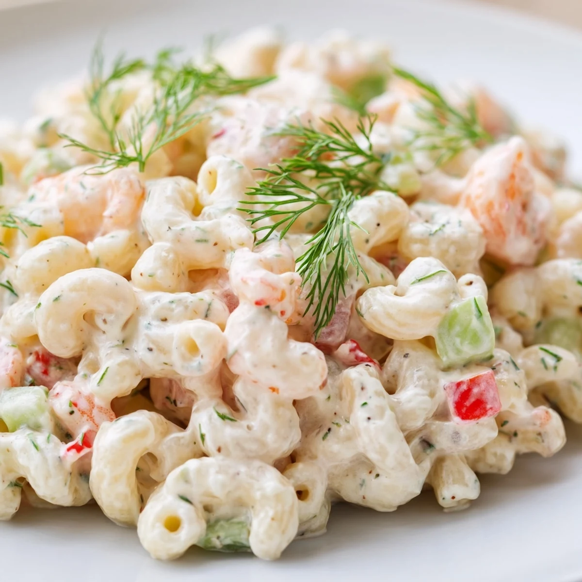 Creamy shrimp macaroni salad in a chilled bowl with tender pink shrimp