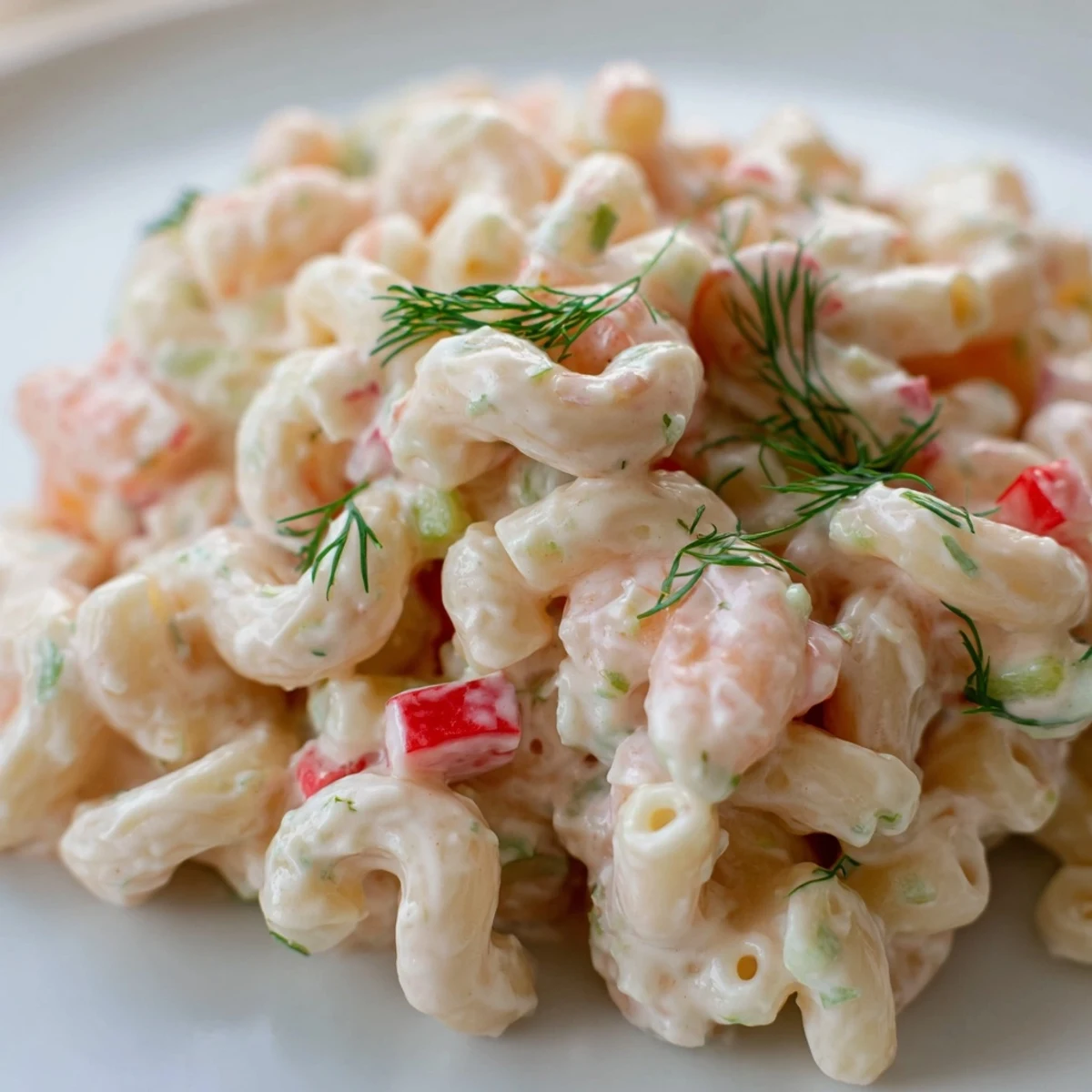 Tangy creamy shrimp macaroni salad scooped onto a lettuce-lined picnic plate