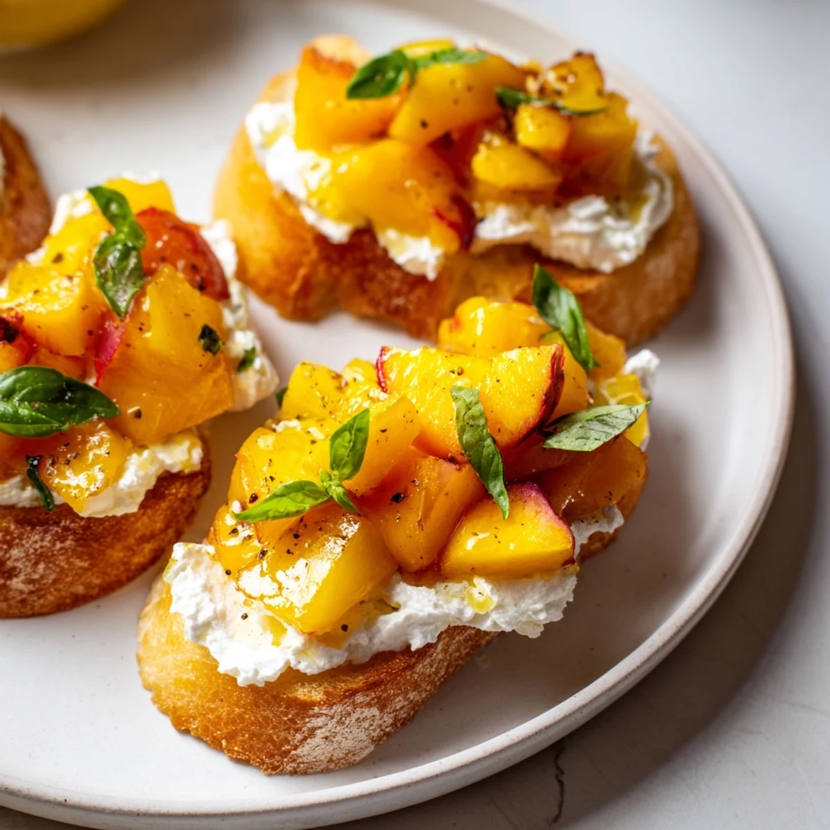 Golden toasted baguette slices topped with Sun Kissed Peach Bruschetta and fresh basil leaves.