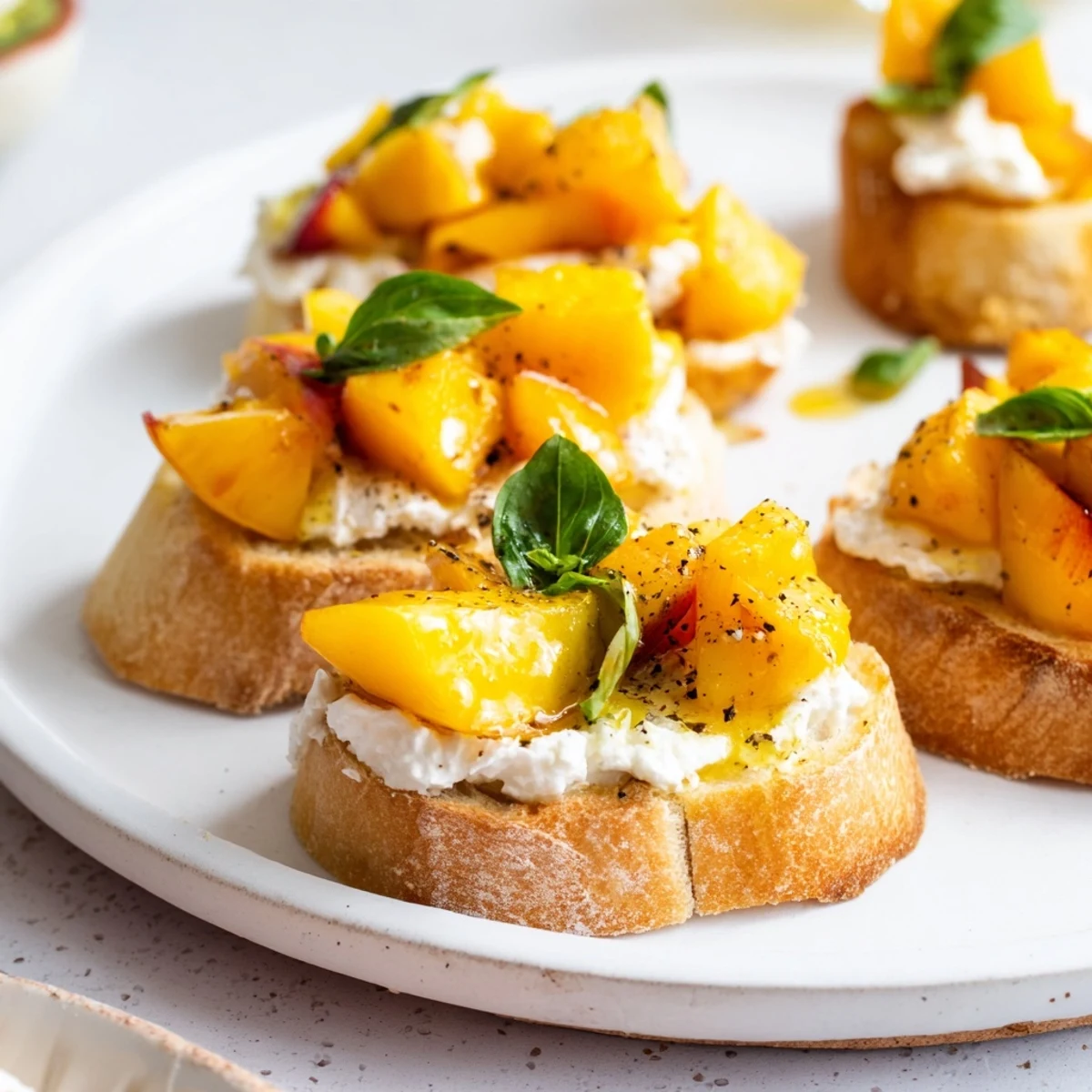 Creamy ricotta spread beneath vibrant Sun Kissed Peach Bruschetta drizzled with golden honey on crusty bread.