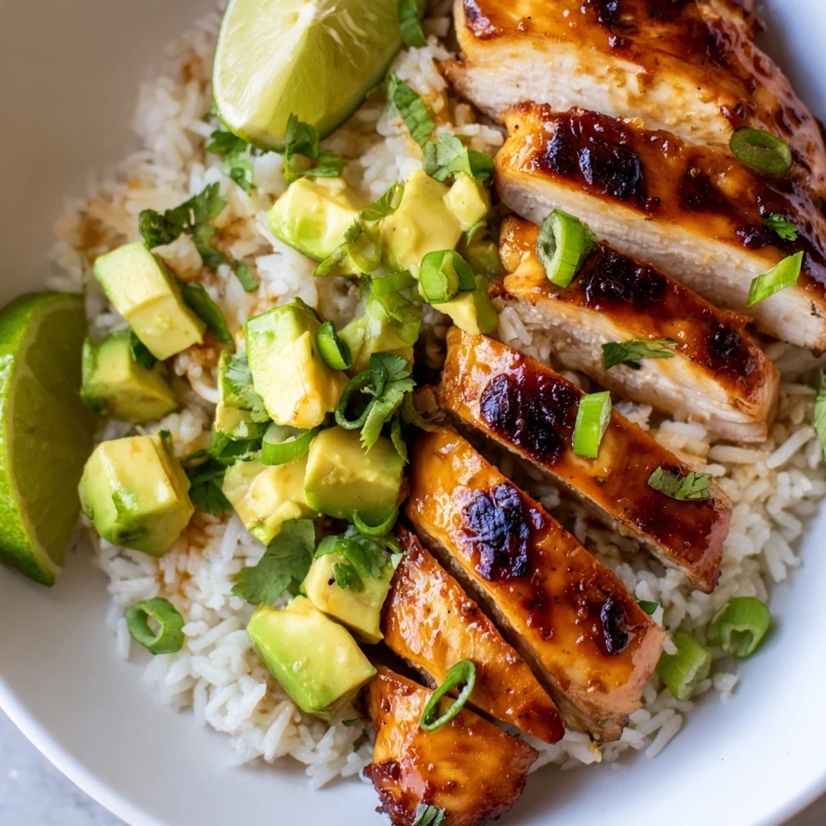 Golden honey lime chicken sliced over vibrant green avocado rice on a white plate