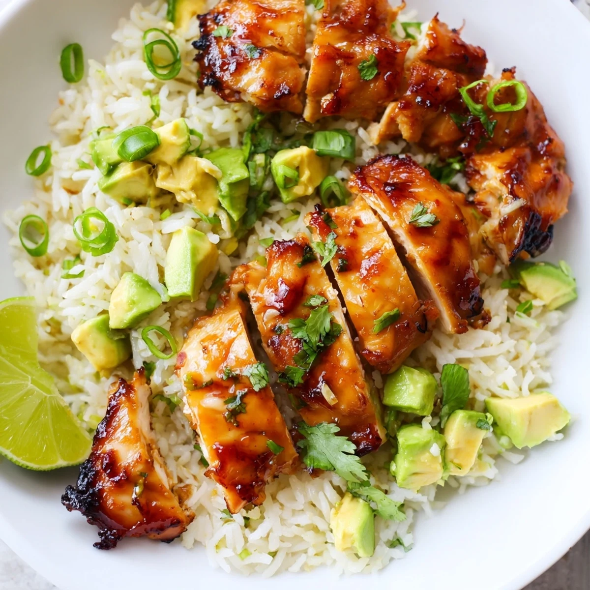 Juicy honey lime chicken with caramelized edges served alongside creamy cilantro avocado rice