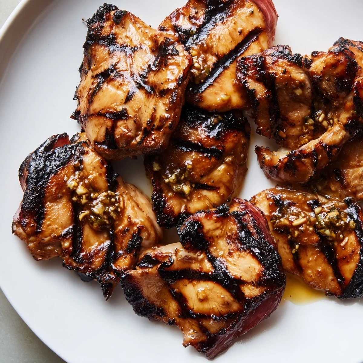 Grilled Vietnamese Chicken with golden charred edges served on a white plate with fresh cilantro and lime wedges