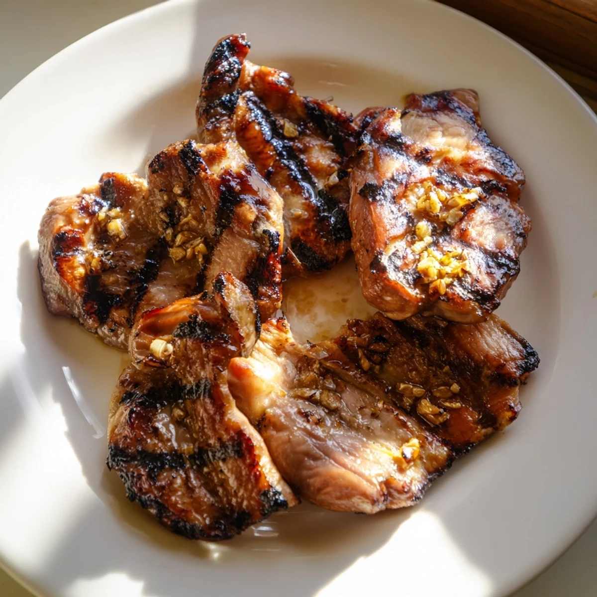 Juicy Grilled Vietnamese Chicken thighs with caramelized lemongrass glaze garnished with cucumber slices and bright green herbs