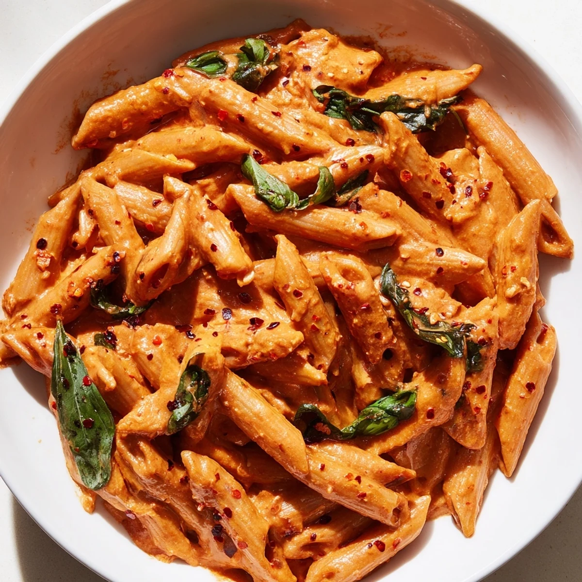 Creamy sun dried tomato vegan pasta topped with fresh basil leaves on white plate