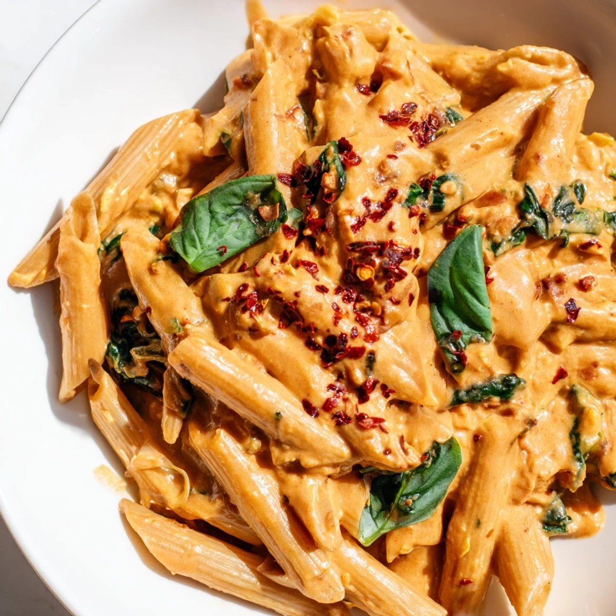 Sun dried tomato vegan pasta coated in velvety red sauce with wilted spinach