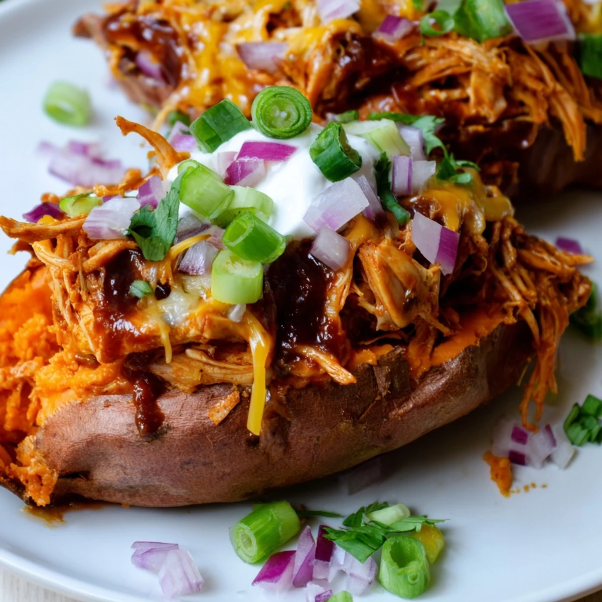 BBQ Chicken Stuffed Sweet Potatoes topped with melted cheddar and green onions on white plate