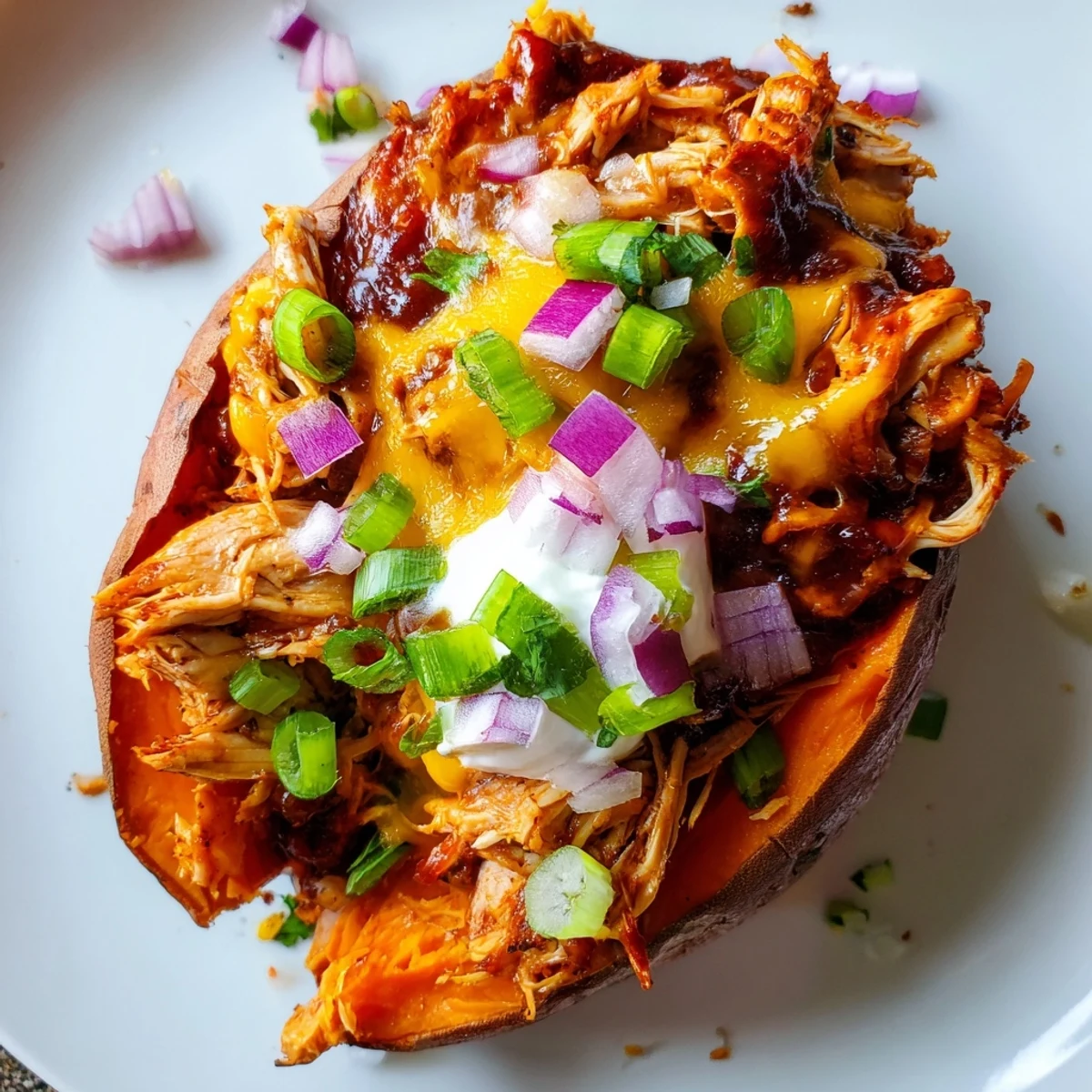 Tender roasted sweet potato overflowing with smoky BBQ chicken and gooey melted cheese