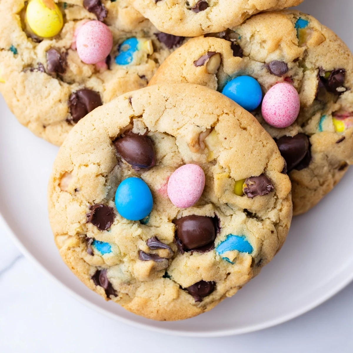 Soft chewy Cadbury Egg Cookies with colorful candy pieces on rustic baking sheet