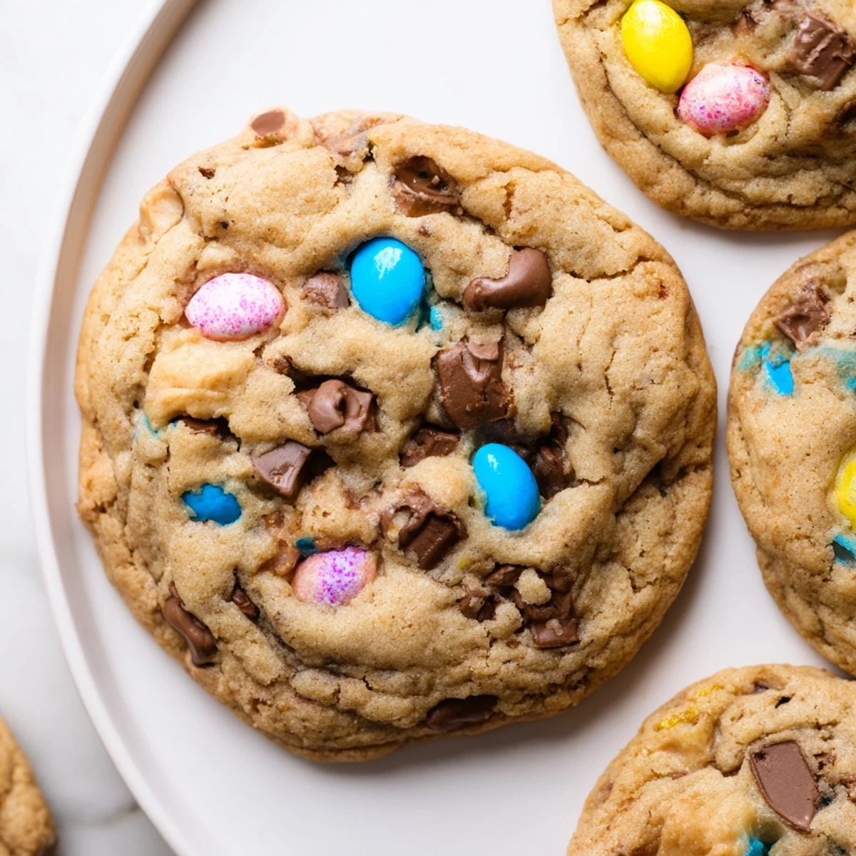Golden brown Cadbury Egg Cookies studded with chocolate chips and pastel eggs