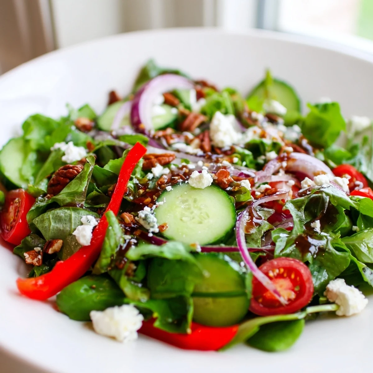 Fresh spring mix salad with colorful vegetables and tangy balsamic dressing in wooden bowl