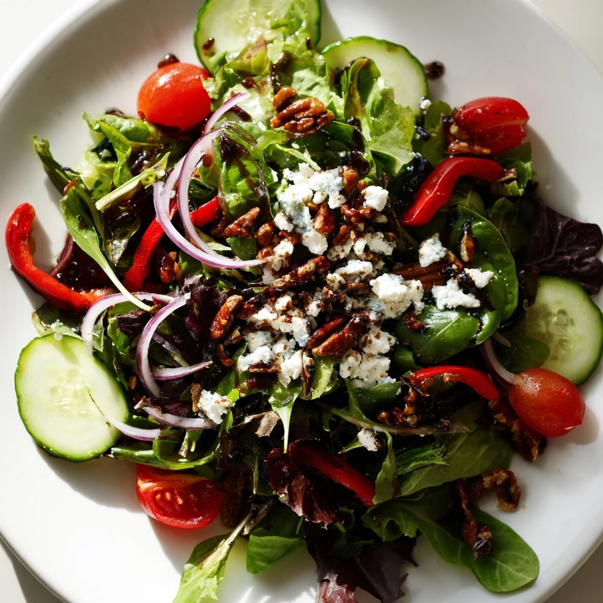 Crisp spring mix salad topped with crumbled feta, cherry tomatoes, and toasted pecans