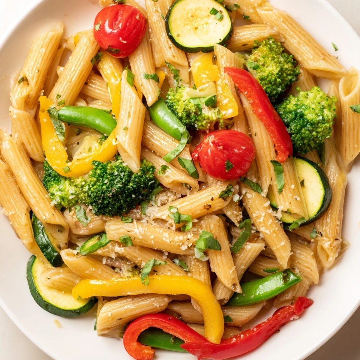 Colorful Pasta Primavera loaded with fresh spring vegetables and sprinkled with Parmesan cheese