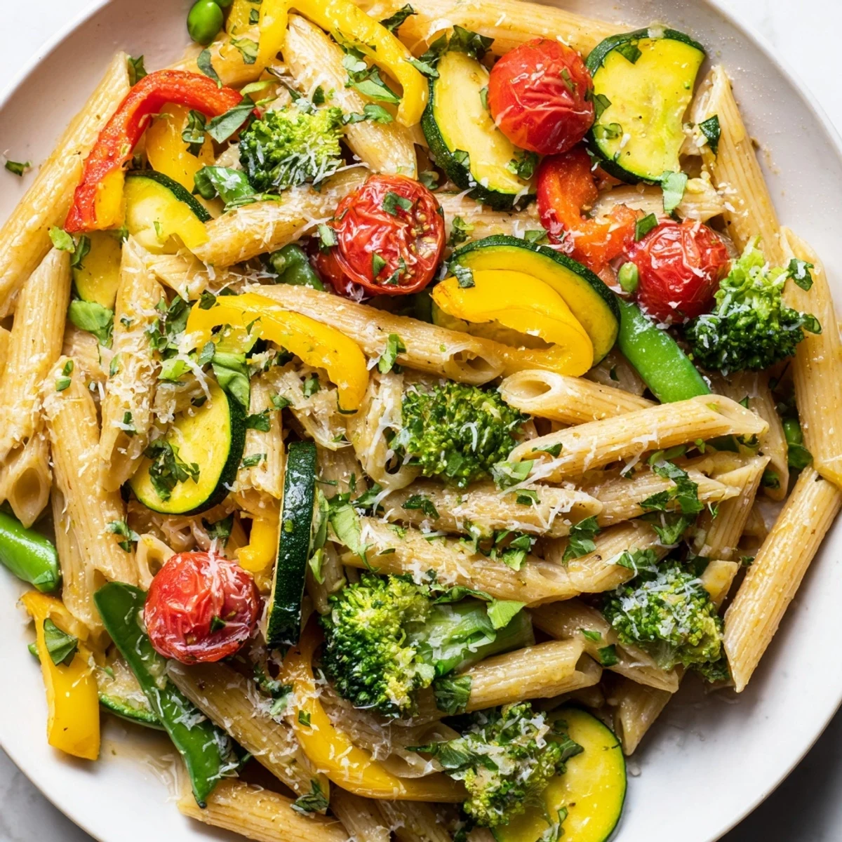 Creamy Pasta Primavera in a white bowl showcasing tender crisp veggies and fresh herbs