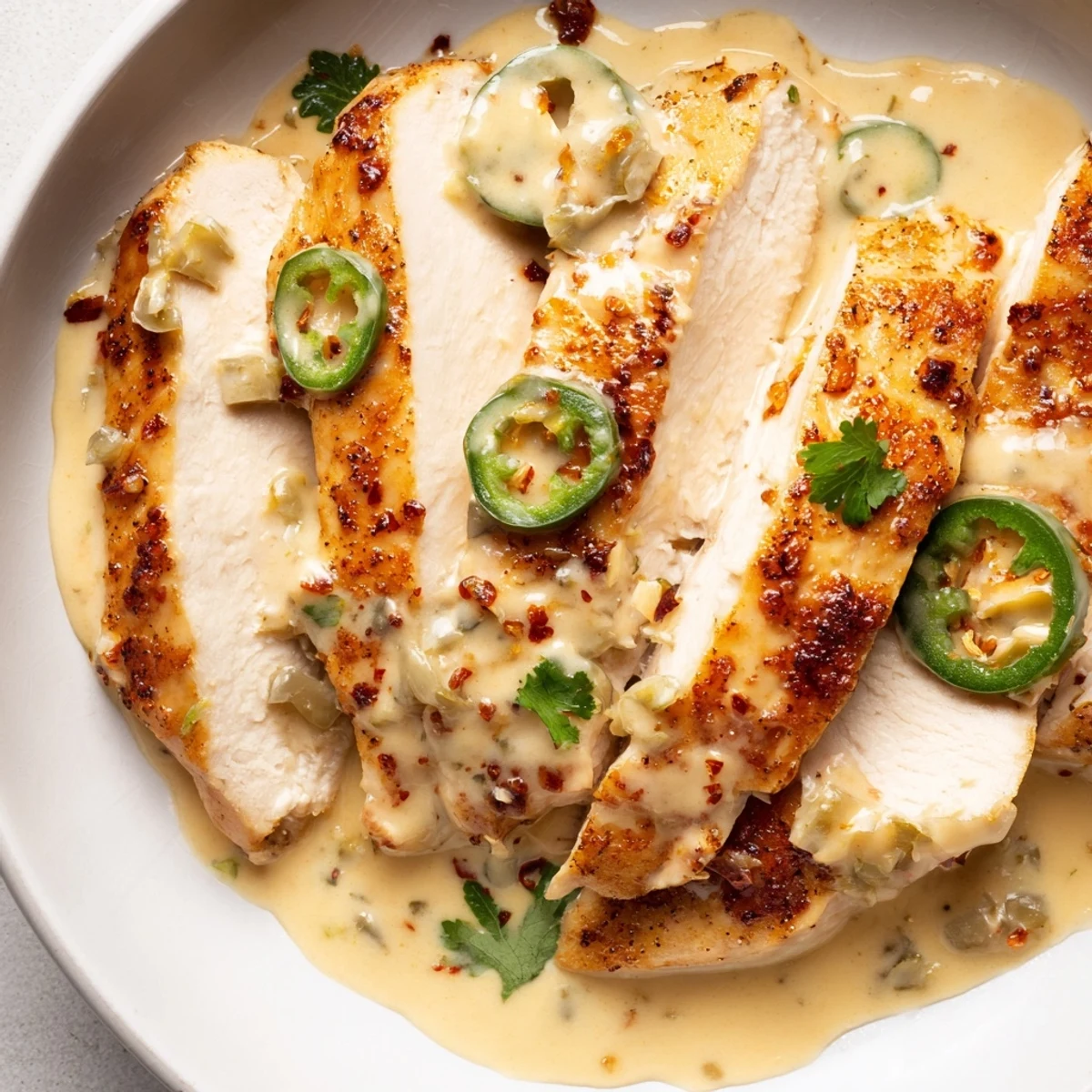 Golden jalapeño chicken breasts draped in creamy melted Monterey Jack sauce
