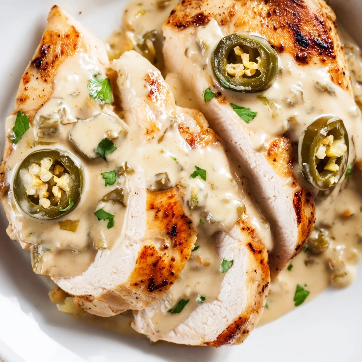 Seared jalapeeno chicken topped with melted cheese and fresh cilantro garnish