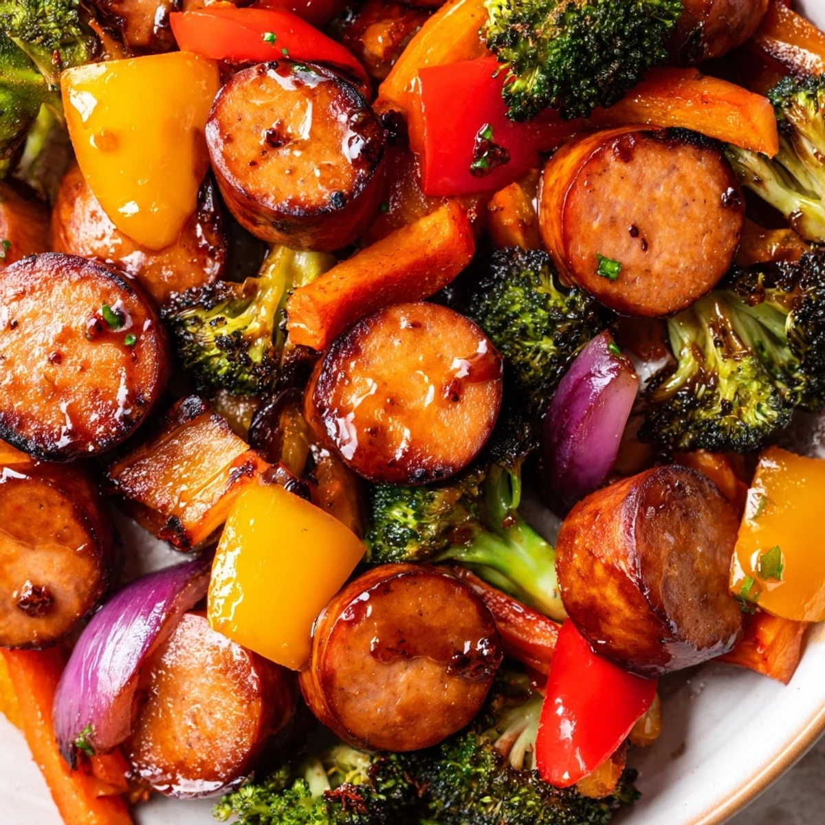Honey garlic kielbasa and vegetables roasted together on a sheet pan with caramelized edges