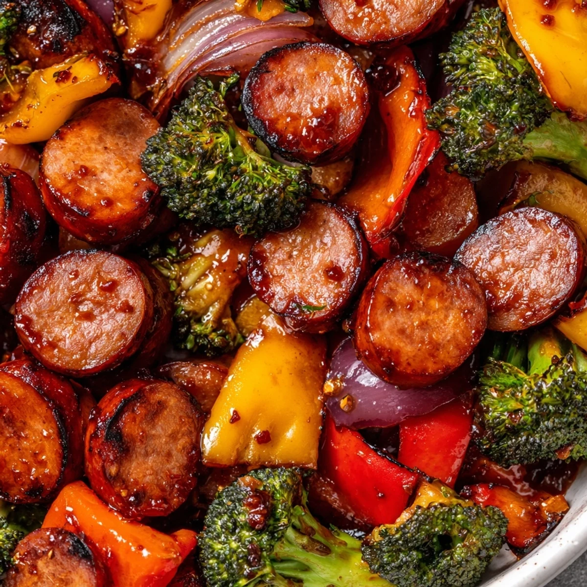 Smoky kielbasa slices nestled among tender colorful vegetables glazed with sweet honey garlic sauce