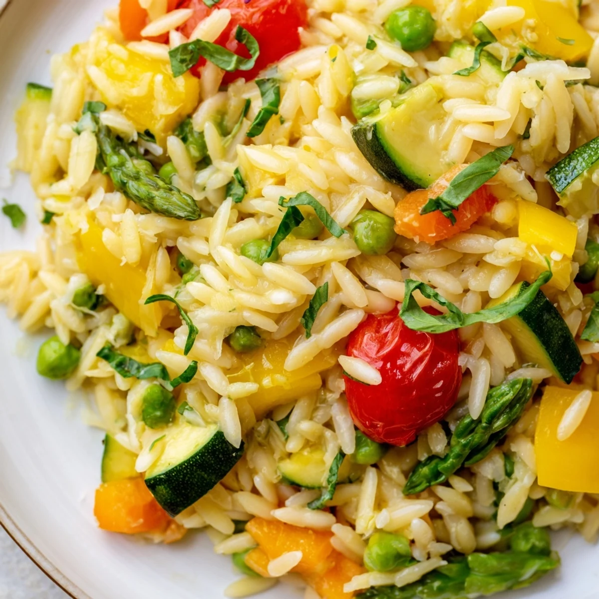 A vibrant bowl of Orzo Primavera loaded with colorful spring vegetables and fresh basil.