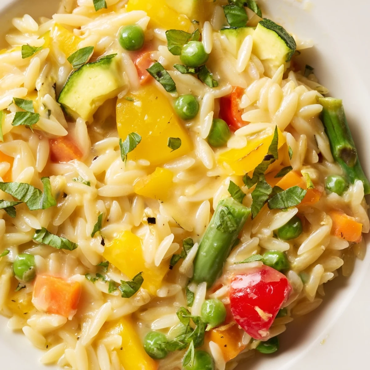 Steaming plate of Orzo Primavera garnished with fresh herbs and grated Parmesan, ready to serve.