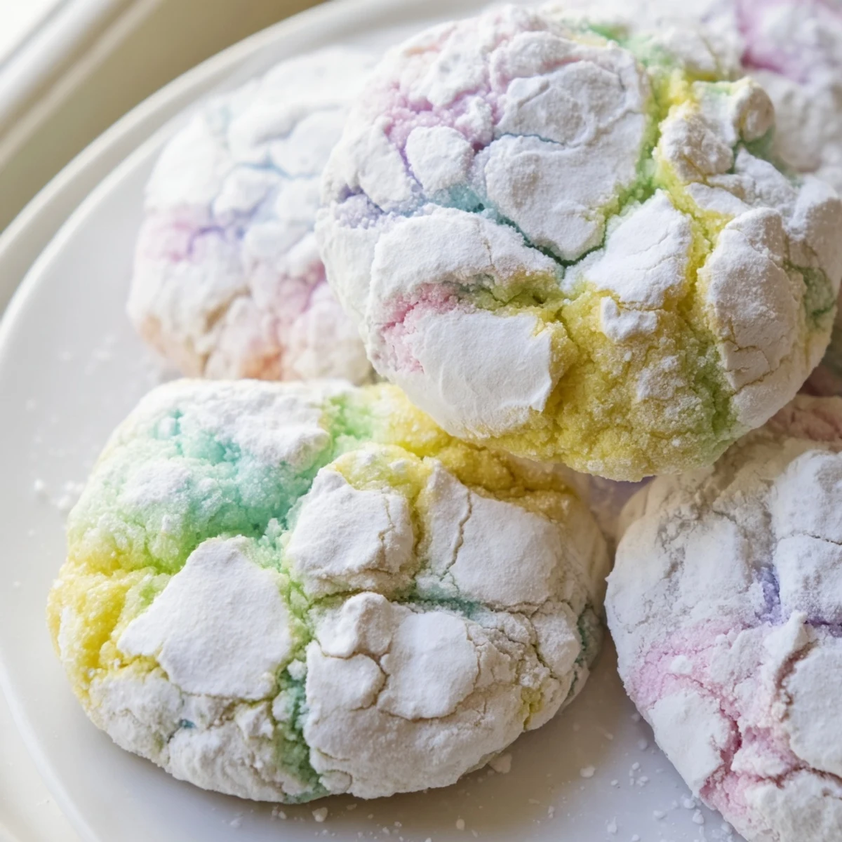 Soft pastel crinkle cookies with snowy powdered sugar coating on rustic white parchment
