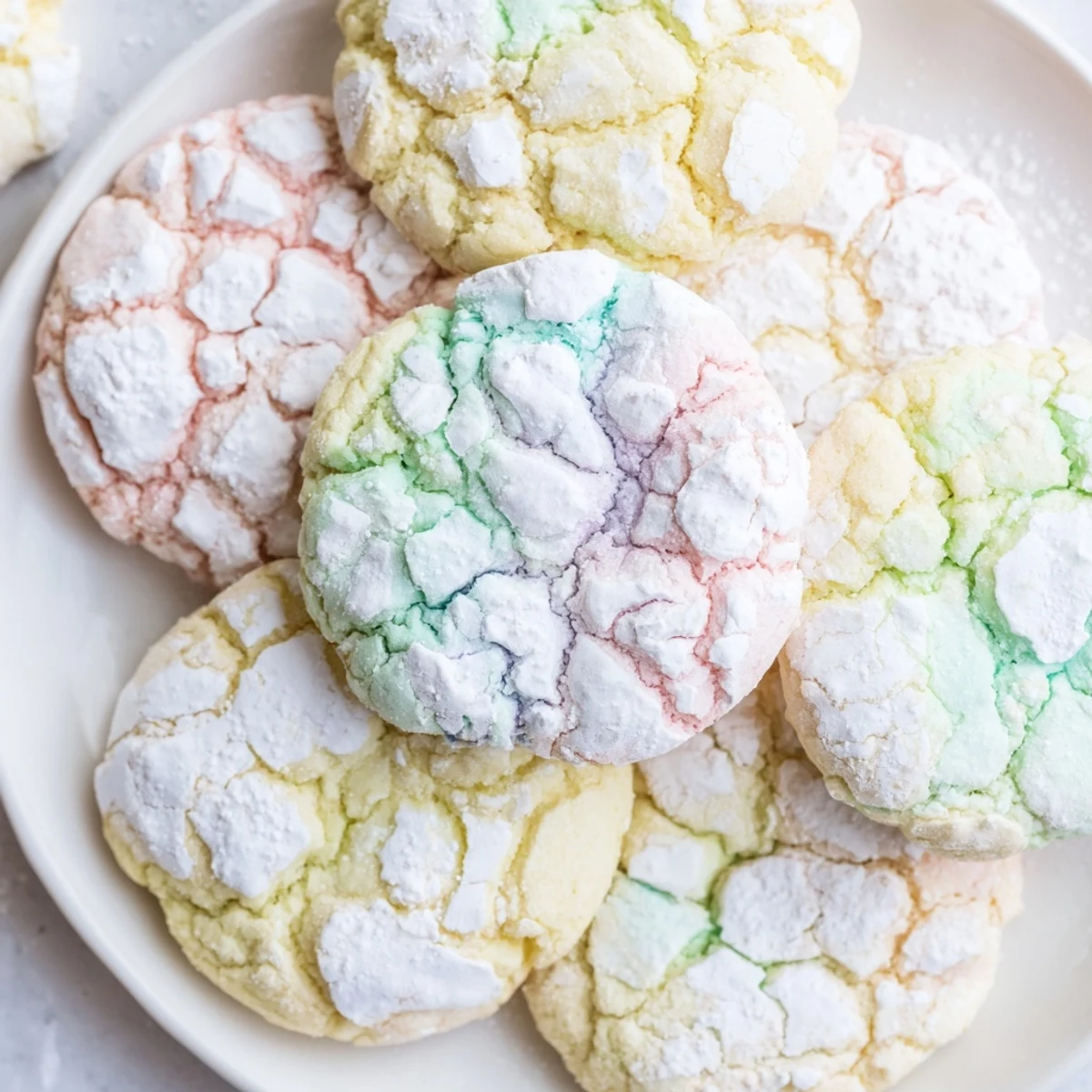Chewy pastel crinkle cookies showing delicate crackled tops dusted in sweet powdered sugar