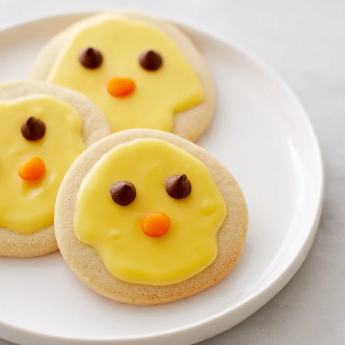 Adorable chick cookies with bright yellow frosting and cute chocolate chip eyes on a rustic baking sheet