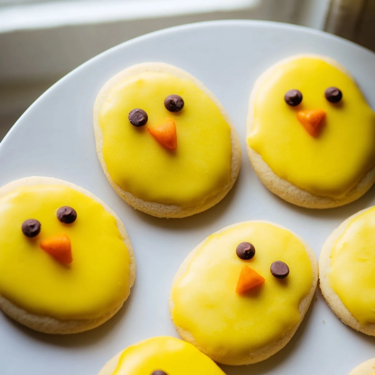 Buttery chick cookies freshly baked with golden edges and sweet decorative faces for spring celebrations