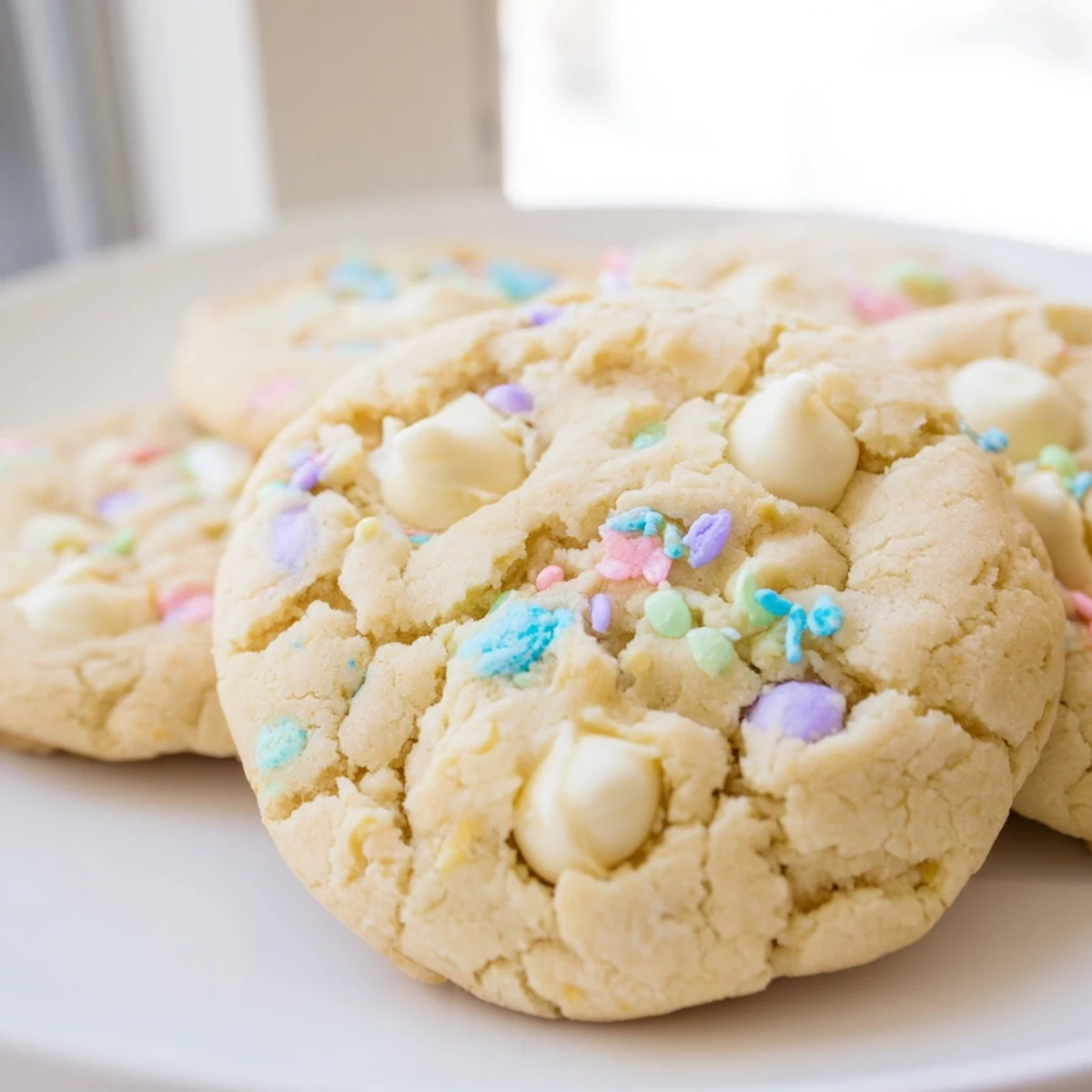 Soft pastel white chocolate cookies with creamy chips and colorful sprinkles on rustic baking sheet