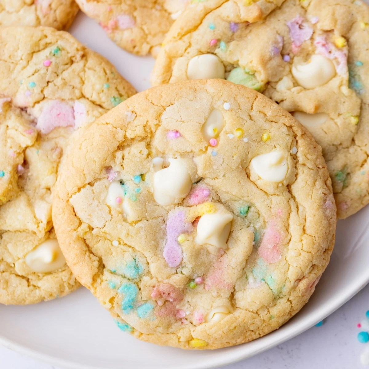 Chewy pastel white chocolate cookies studded with melting chips and festive pastel sprinkles