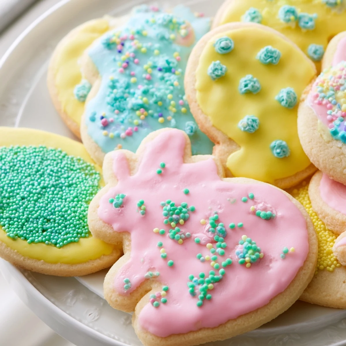 Soft Easter cookies decorated with pastel royal icing and colorful spring sprinkles