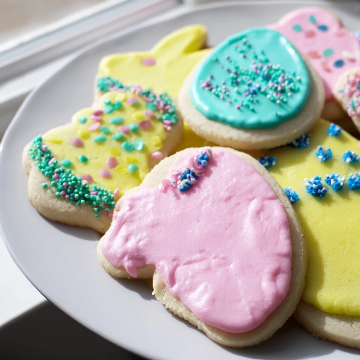 Buttery Easter cookies shaped like eggs and bunnies on a rustic serving tray