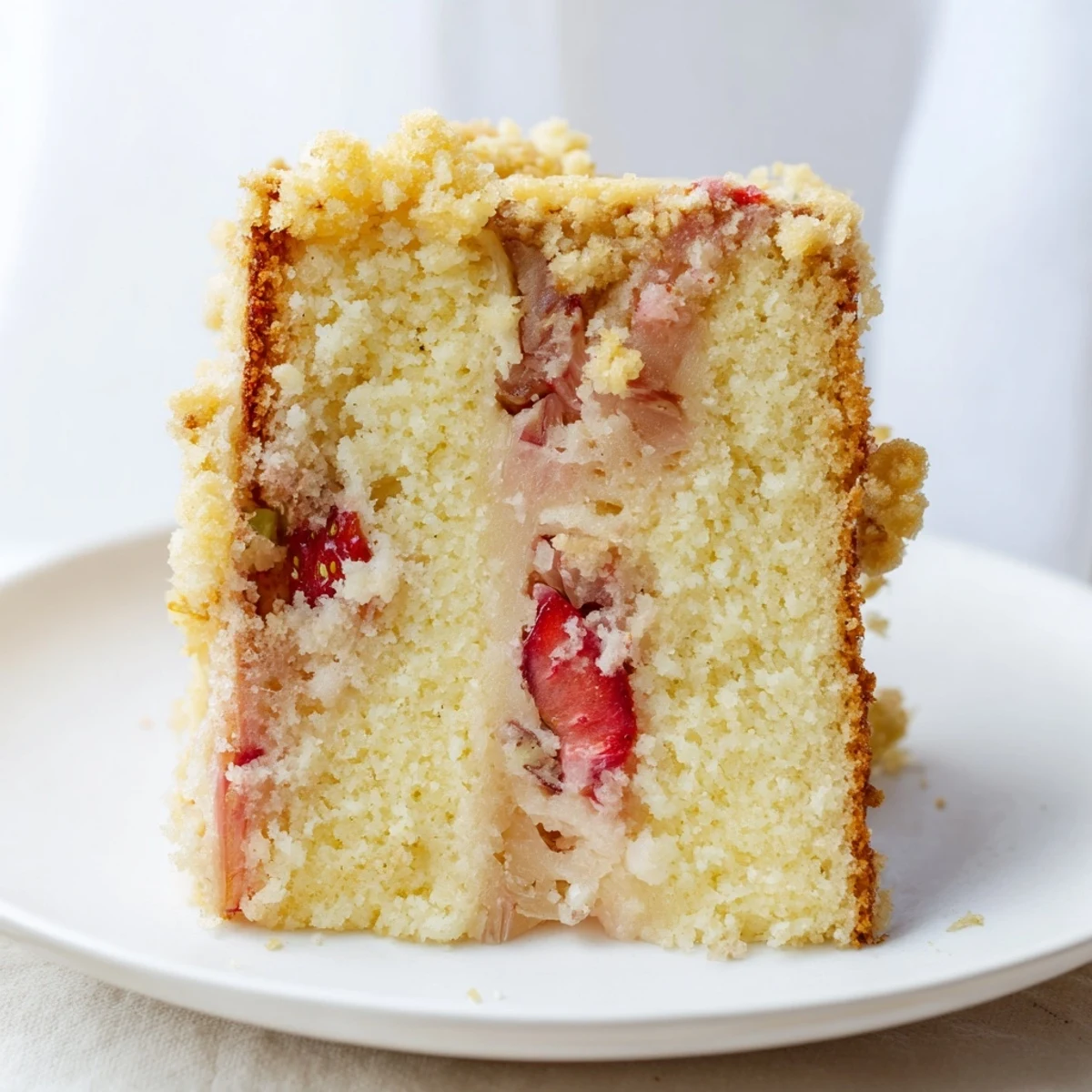 Golden spring rhubarb strawberry cake with crunchy almond streusel on a white plate