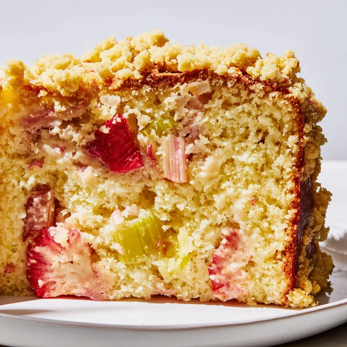 Tender lemon cake topped with juicy strawberries, rhubarb, and crumbly almond streusel