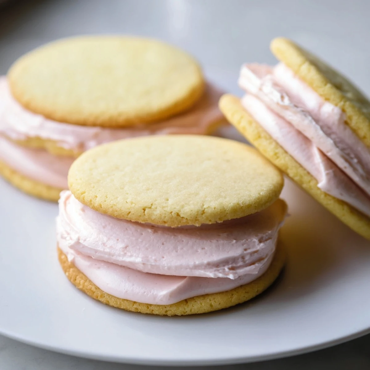 Soft pastel sugar cookie sandwiches with swirled buttercream frosting on a rustic white platter