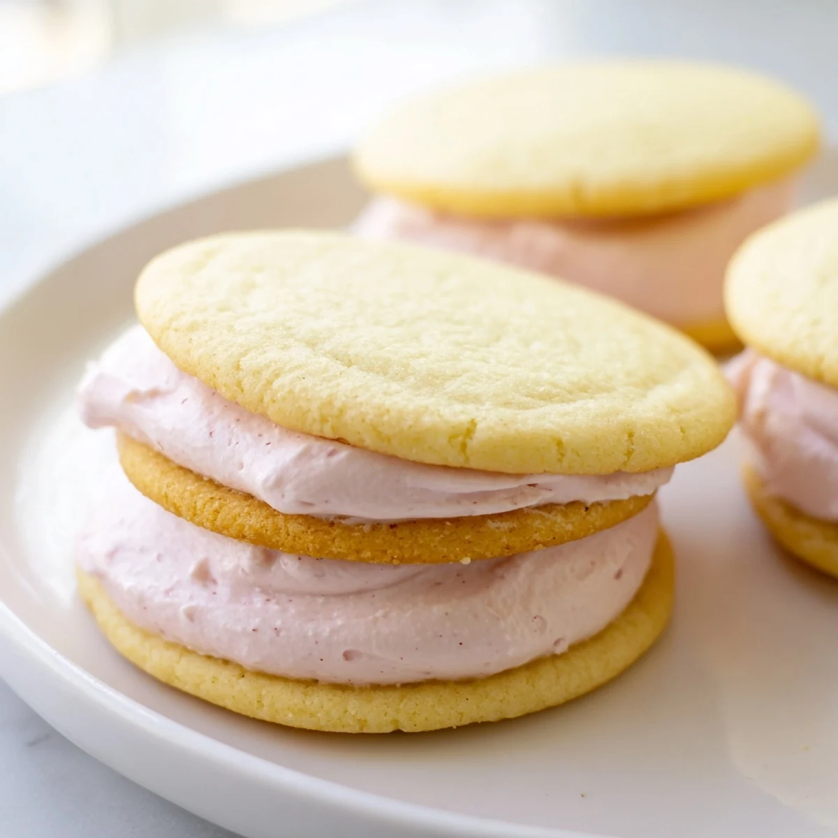 Delicate sugar cookie sandwiches bursting with creamy pastel pink and lavender buttercream filling