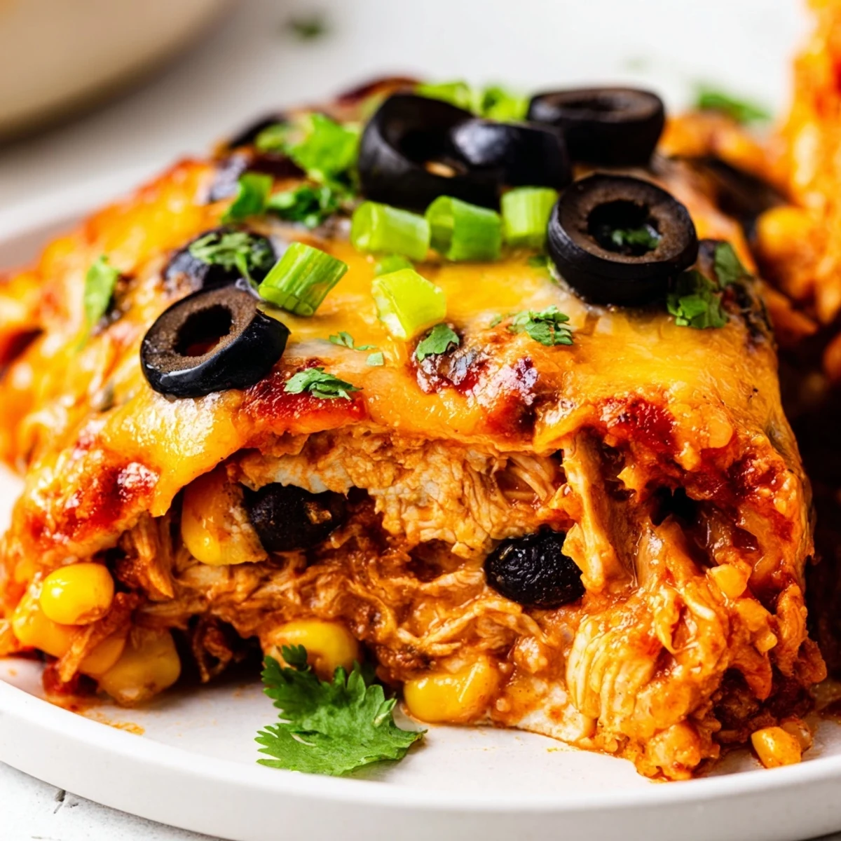 Golden bubbling Cheesy Shredded Chicken Enchilada Bake fresh from the oven with melted cheese