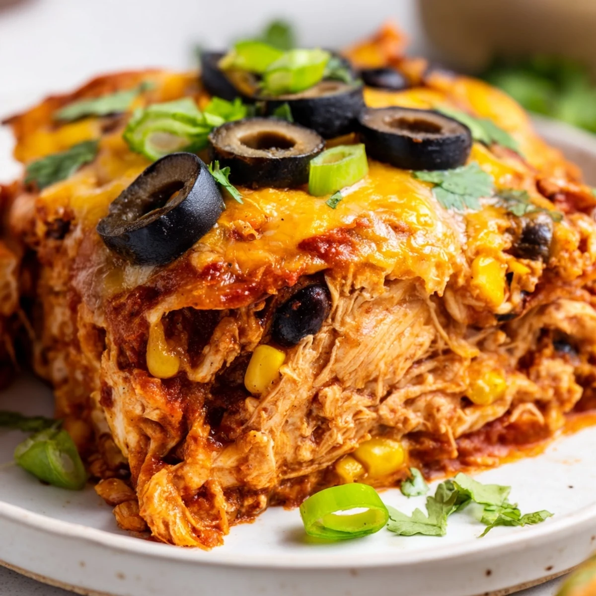 Steaming hot Cheesy Shredded Chicken Enchilada Bake topped with fresh cilantro and green onions