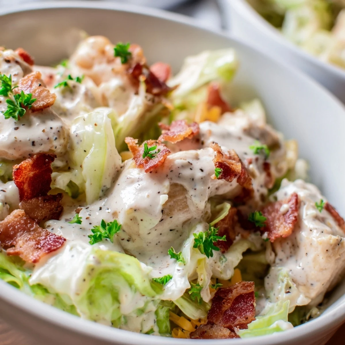 Creamy chicken bacon ranch cabbage bowls topped with crispy bacon and fresh green onions