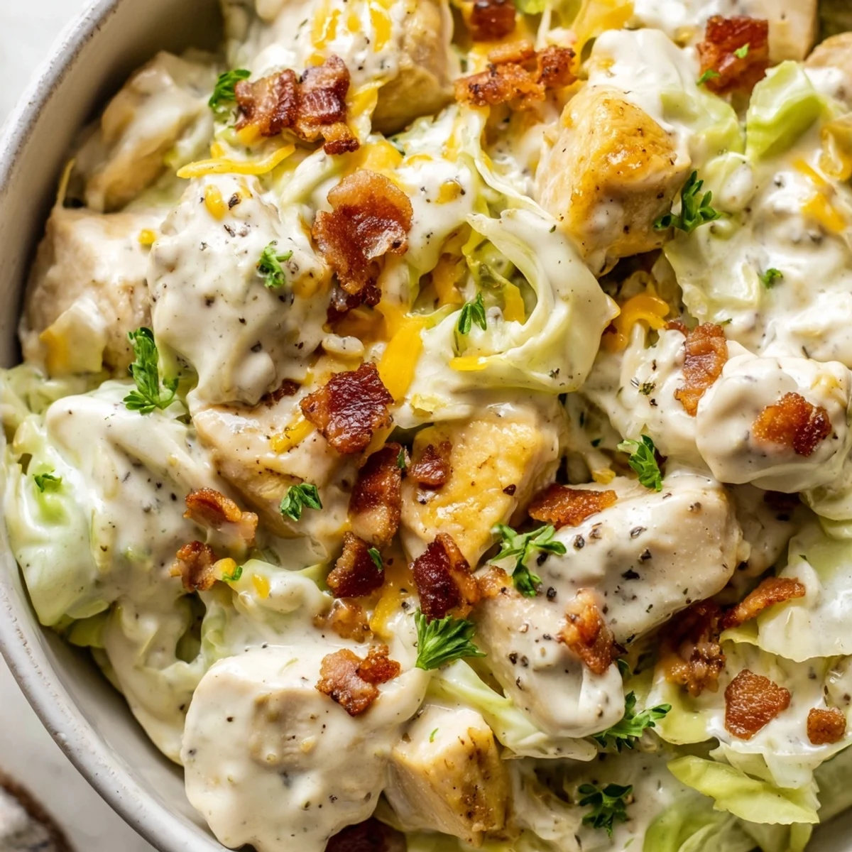 Tender chicken and crunchy cabbage coated in rich creamy chicken bacon ranch sauce