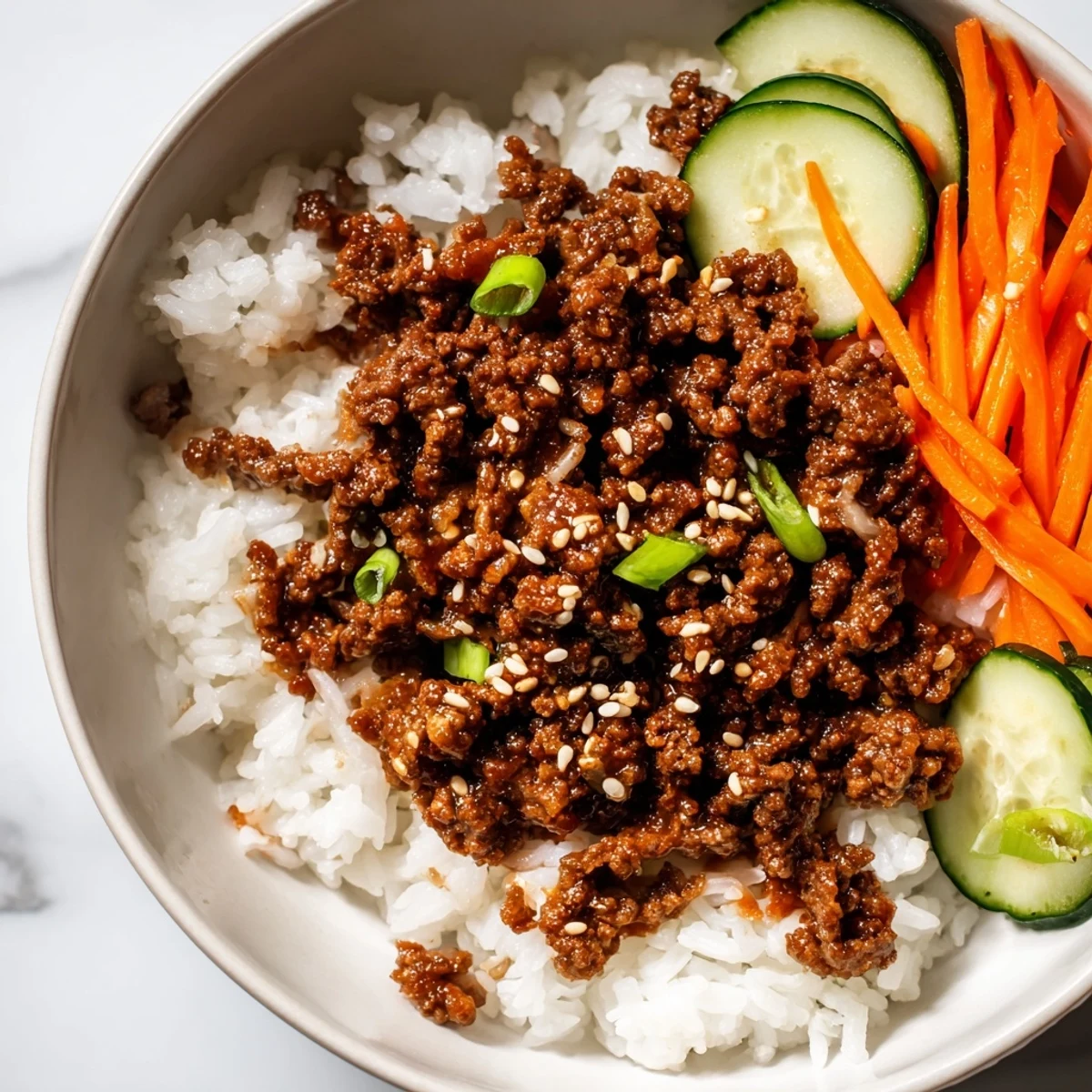 Korean beef bowls topped with crunchy carrots and sesame seeds over white rice