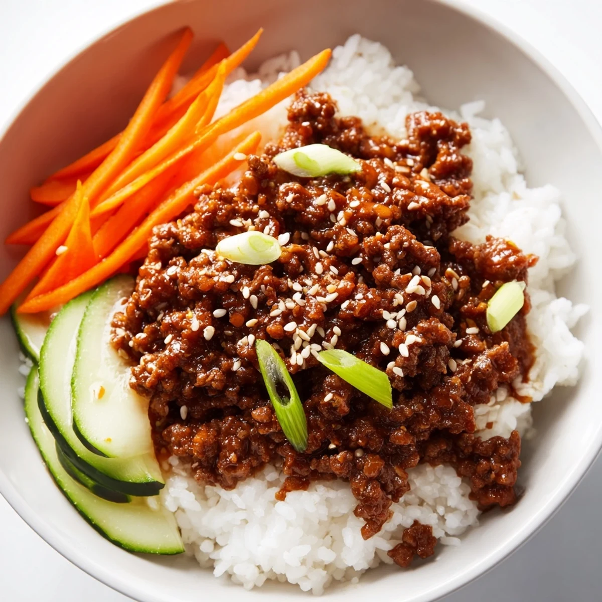 Savory Korean beef bowls with glossy sauce served over fluffy steamed jasmine rice