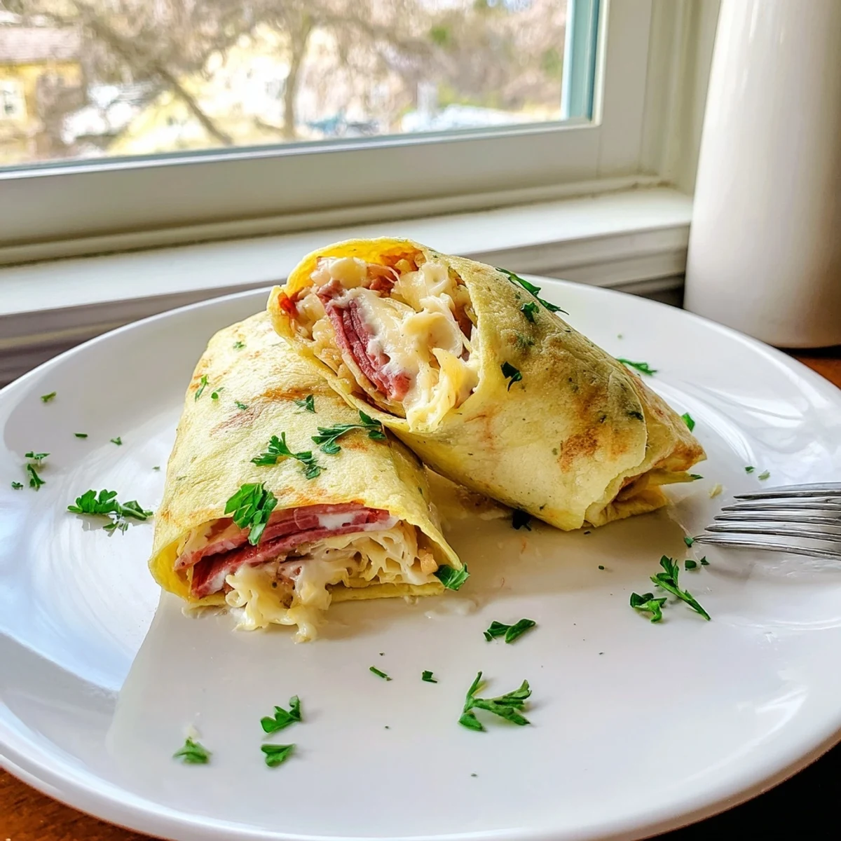 Golden low carb Reuben egg roll ups filled with corned beef and melted Swiss cheese