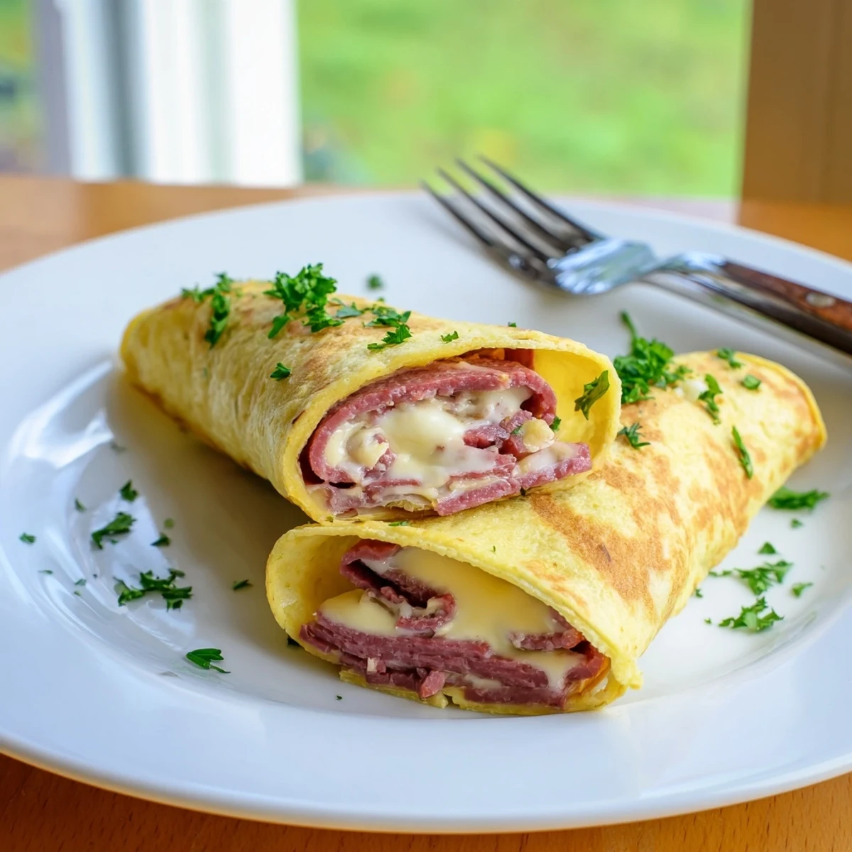 Tender low carb Reuben egg roll ups with tangy sauerkraut and creamy dressing