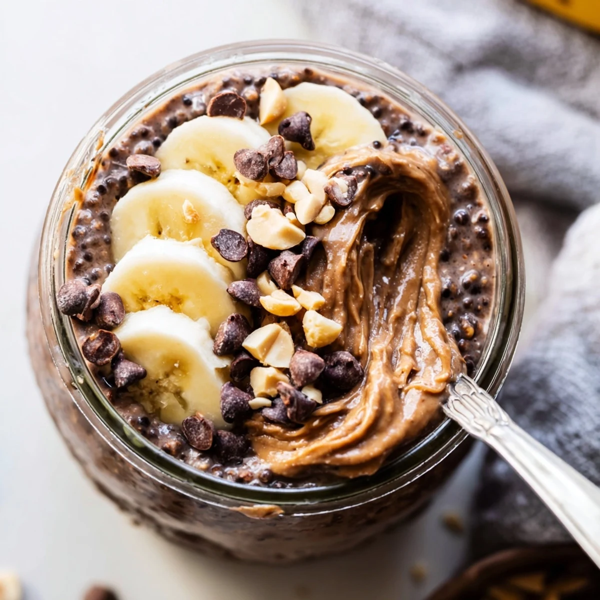 Creamy chocolate peanut butter overnight oats topped with chocolate chips in a glass jar