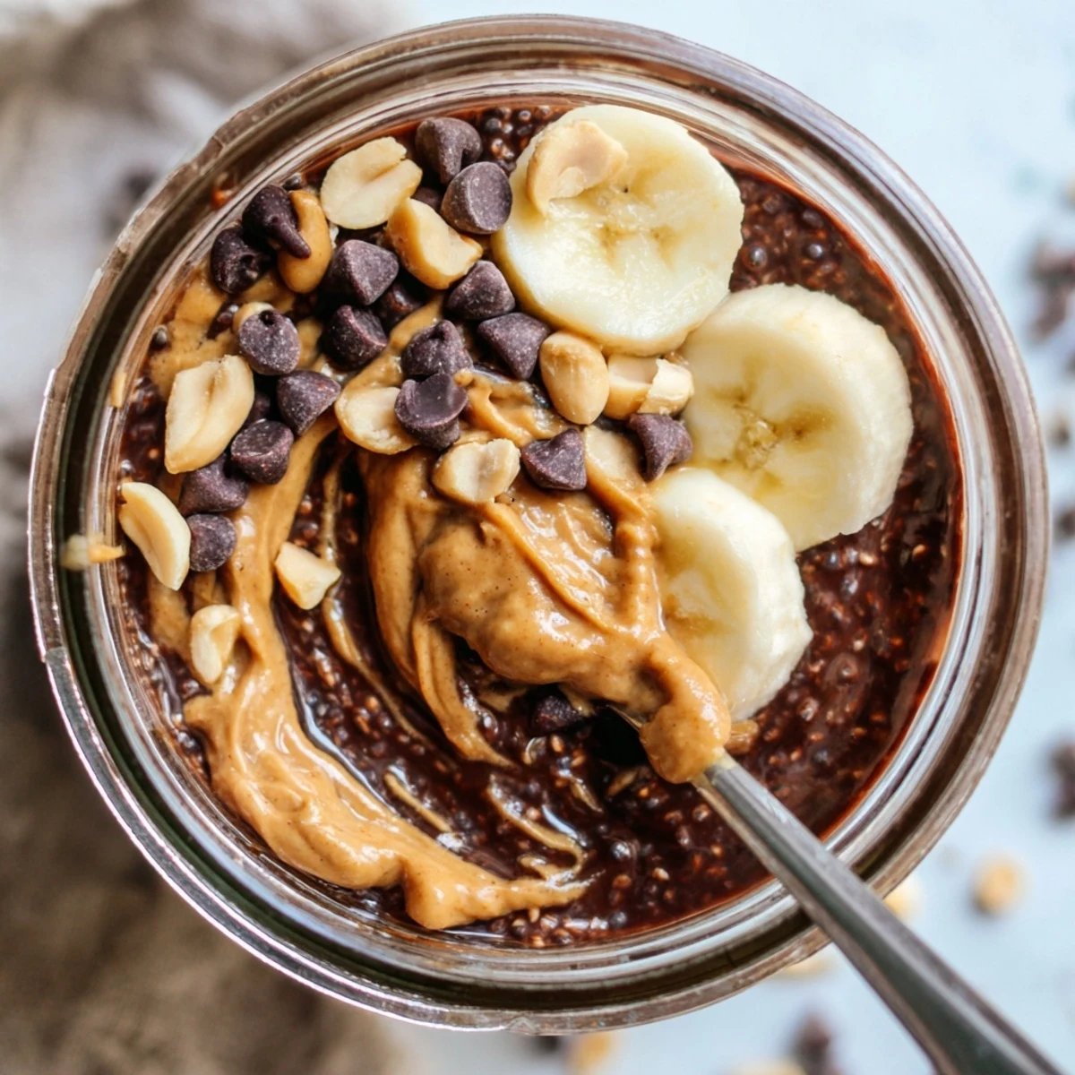 Rich chocolate peanut butter overnight oats swirled with peanut butter and sprinkled with peanuts