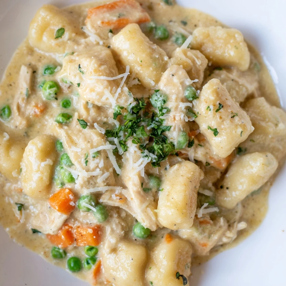 Creamy One Pot Gnocchi Chicken Pot Pie in a rustic skillet with tender vegetables and golden sauce